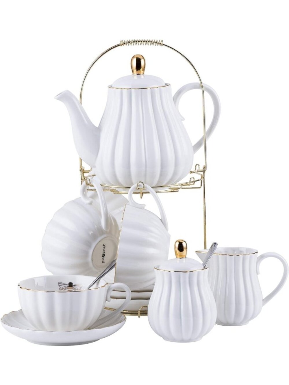 Elegant Porcelain Tea Set - 8oz Teacups, Saucers & Cup Holder, White, Perfect